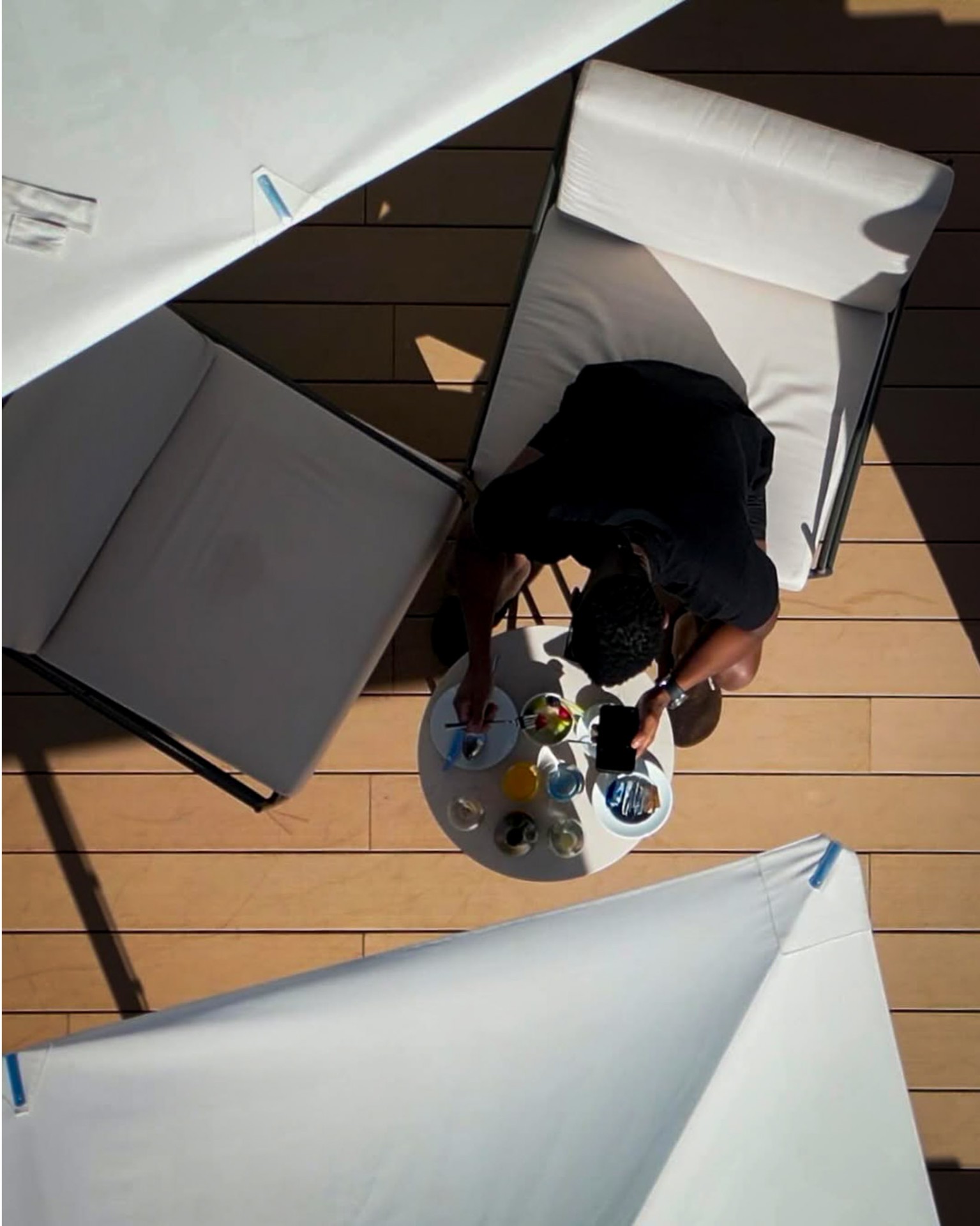 Overhead view of rooftop breakfast